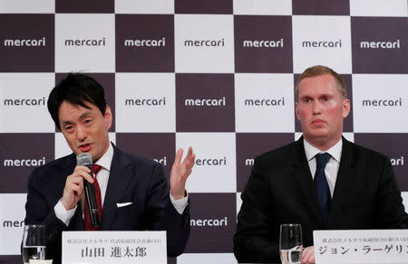 Mercari Inc. CEO Shintaro Yamada and its United States CEO John Lagerling attend a news conference after a ceremony to mark the company's debut on the Tokyo Stock Exchange in Tokyo, Japan, June 19, 2018. REUTERS/Kim Kyung-Hoon