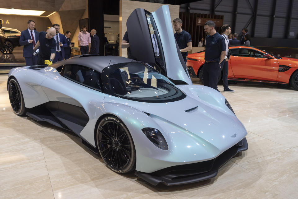 The new car Aston Martin AM-RB003 is presented during the press day at the 89th Geneva International Motor Show in Geneva, Switzerland, Wednesday, March 06, 2019. The Motor Show will open its gates to the public from March 7, presenting more than 180 exhibitors and more than 100 world and European premieres. (Martial Trezzini/Keystone via AP)