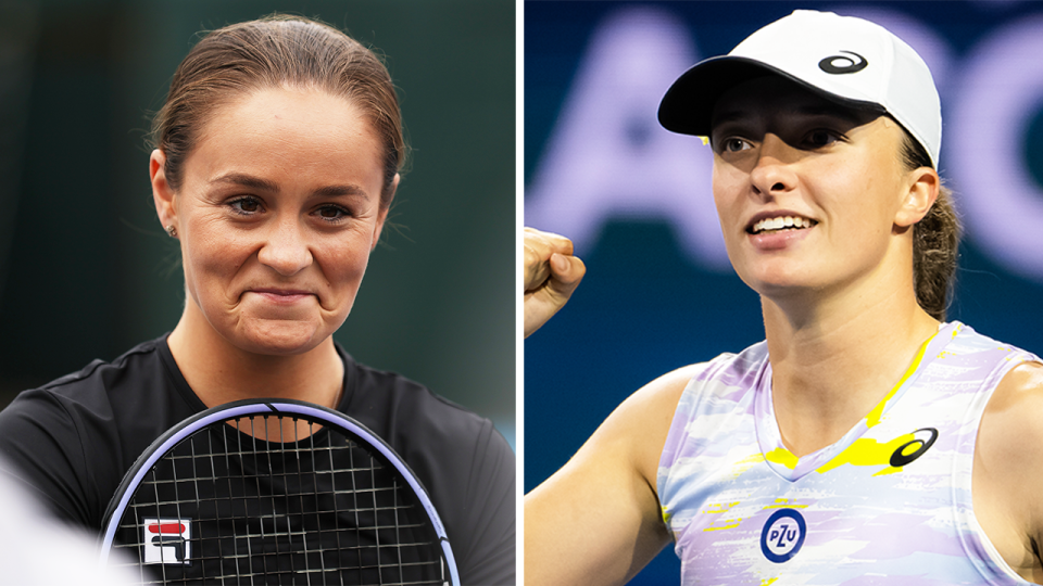 Ash Barty (pictured left) smiling at a media opportunity and (pictured right) Iga Swiatek celebrating a win.