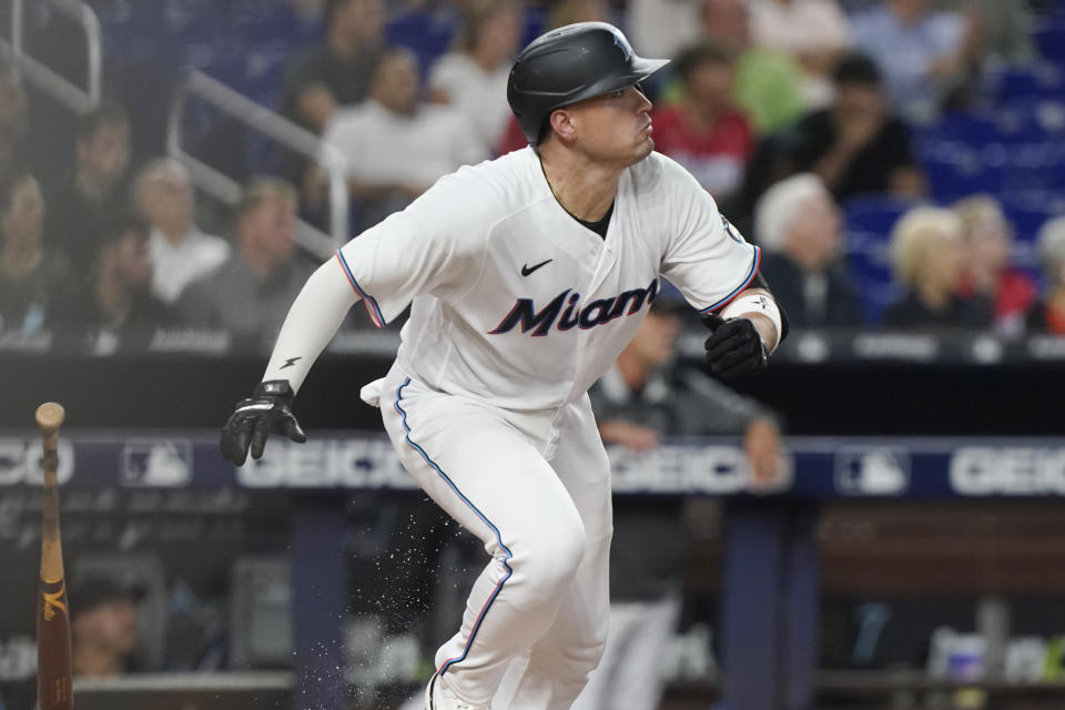 Miami Marlins' Nick Fortes (54) follows his home run into center field during the second inning of a baseball game against the San Diego Padres, Tuesday, Aug. 16, 2022, in Miami. (AP Photo/Marta Lavandier)