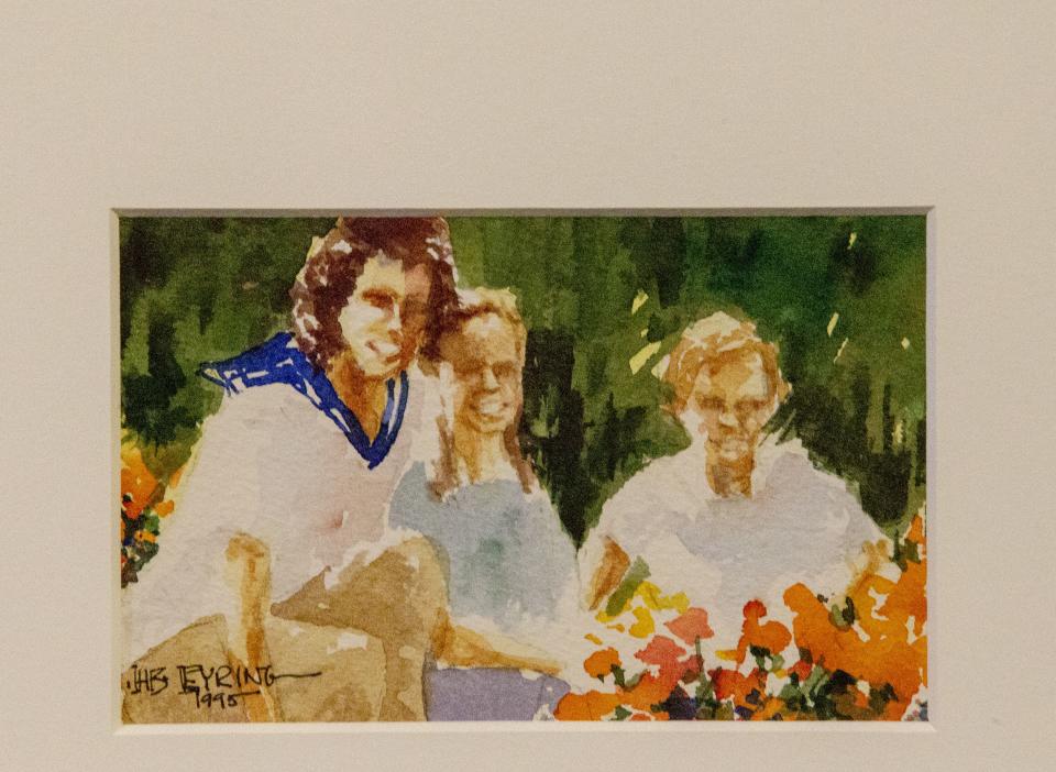 A watercolor painting by President Henry B. Eyring shows his wife, Sister Kathleen Eyring, with the couple’s two daughters.