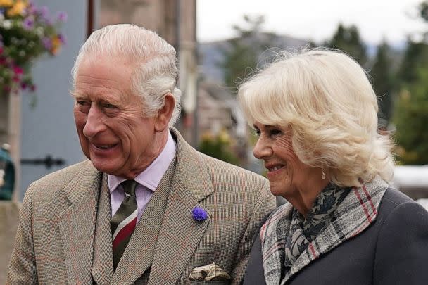 PHOTO: King Charles III and Camilla, Queen Consort arrive at a reception to thank the community of Aberdeenshire at Station Square, the Victoria & Albert Halls, in Ballater, on Oct. 11, 2022. (Andrew Milligan/POOL/AFP via Getty Images)