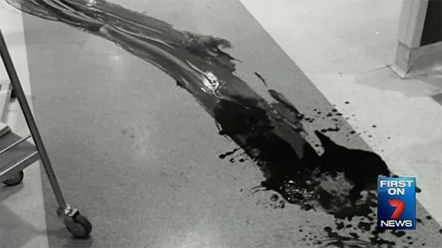 Disturbing images from the scene show a large smear of blood covering the floor after the violent incident. Photo: 7News