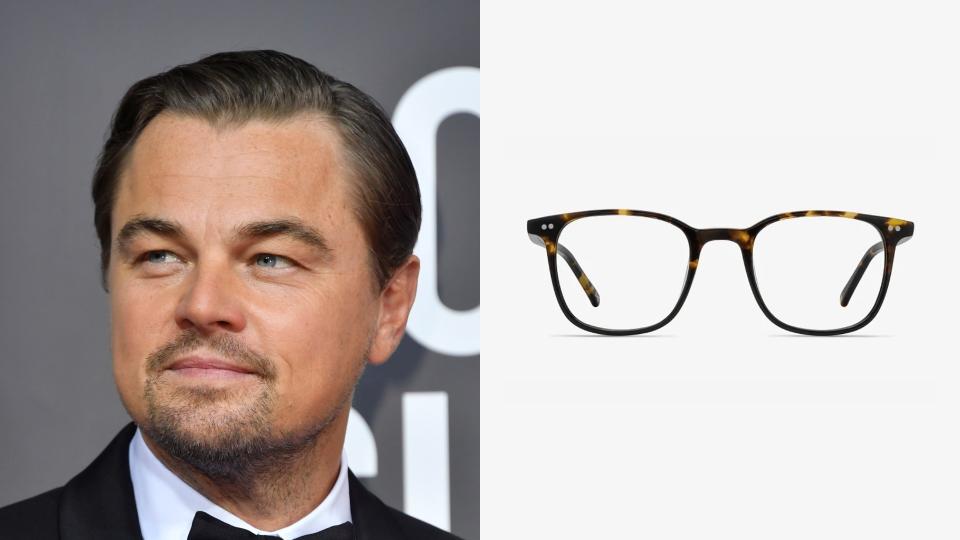 Leonardo Dicaprio, Sequence Square Amber Tortoise Eyeglasses. (Photo: Getty Images, EyeBuyDirect)