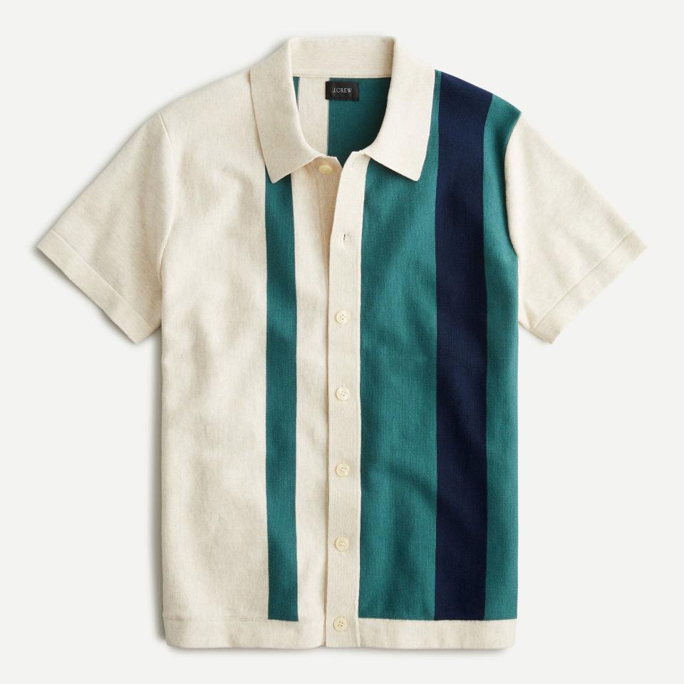 Short-Sleeve Cotton Cardigan Polo Sweater in Stripe