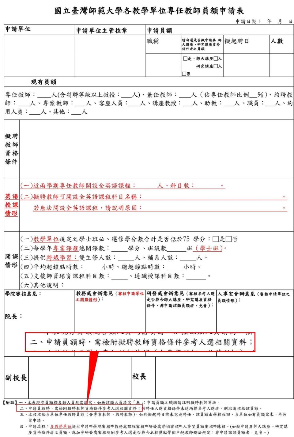 台師大教師員額申請表，特別備註須繳交「擬聘教師資格條件參考人選」名單，形同職缺還沒確定，就有內定人選。