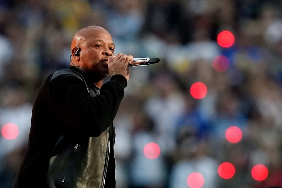 FILE - Dr. Dre performs during the halftime show during the NFL Super Bowl 56 football game between the Cincinnati Bengals and the Los Angeles Rams Feb. 13, 2022, in Inglewood, Calif. Dr. Dre will need to make room in his trophy case for another prestigious award. The American Society of Composers, Authors and Publishers said on Tuesday, June 20, 2023, that Dr. Dre will receive the first-ever ASCAP Hip-Hop Icon Award. He’ll be honored at the organization’s Rhythm & Soul Music Awards on Thursday, June 22, in Los Angeles. (AP Photo/Steve Luciano, File)