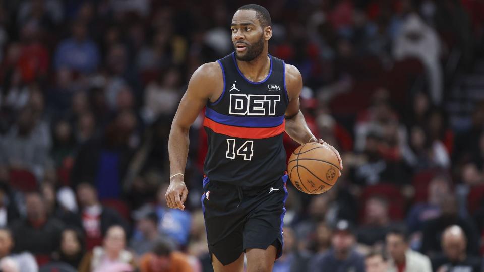 Jan 1, 2024; Houston, Texas, USA; Detroit Pistons guard Alec Burks (14) in action during the game against the Houston Rockets at Toyota Center.