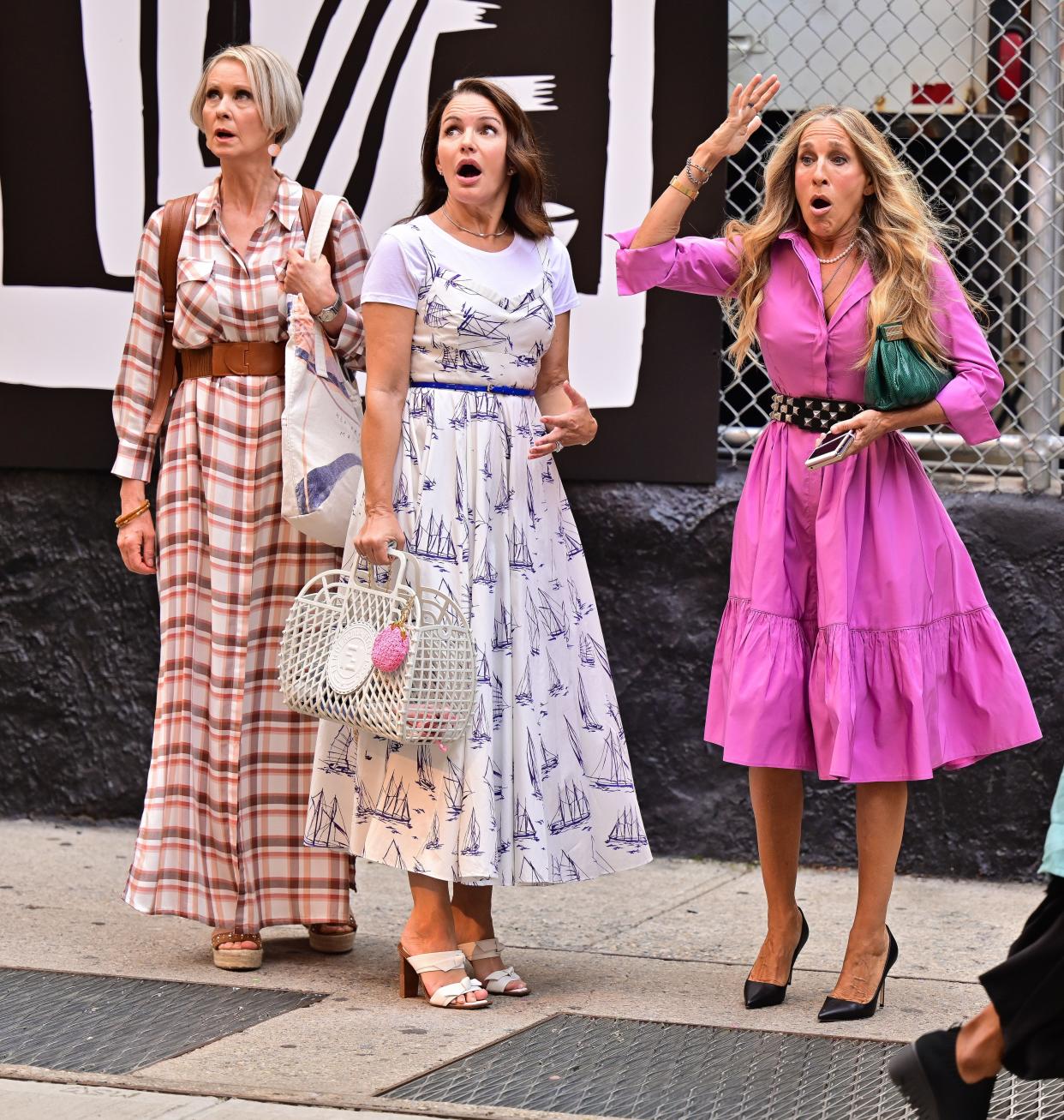 Cynthia Nixon, Kristin Davis and Sarah Jessica Parker are seen on the set of "And Just Like That..." the follow-up series to "Sex and the City" in SoHo on July 20, 2021, in New York City.