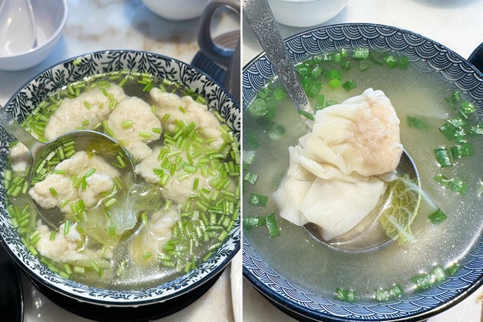 Homemade fish paste is served with clear chicken broth full of wholesomeness (left). The prawn 'wantans' are big with the inclusion of one prawn per 'wantan' (right).