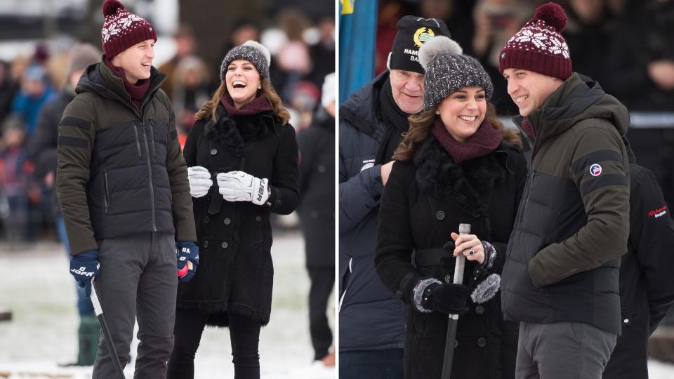 Two photos of Prince William and Kate Middleton laughing while in Sweden