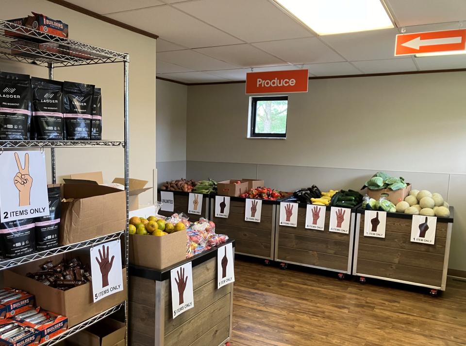 Signs show suggested limits for produce Tuesday at the new Food Pantry Network of Licking County market, 130 McMillen Drive, next to Licking Memorial Hospital in Newark.