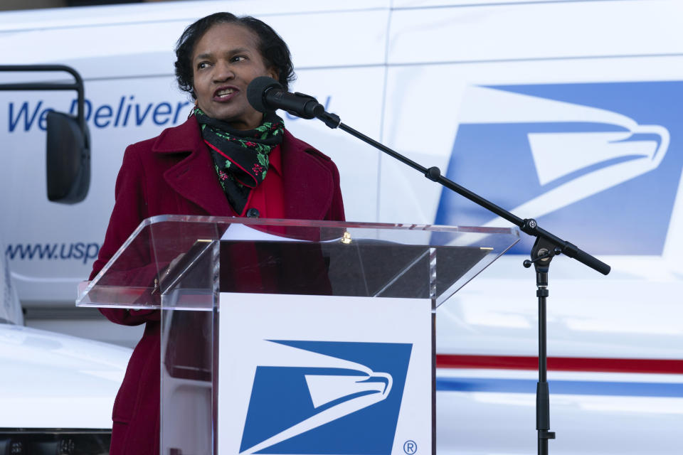 White House Council on Environmental Quality Chair Brenda Mallory, speaks during a news conference announcing the Postal Service will sharply increase the number of electric-powered delivery trucks in its fleet and will go all-electric for new purchases starting in 2026. (AP Photo/Jose Luis Magana)