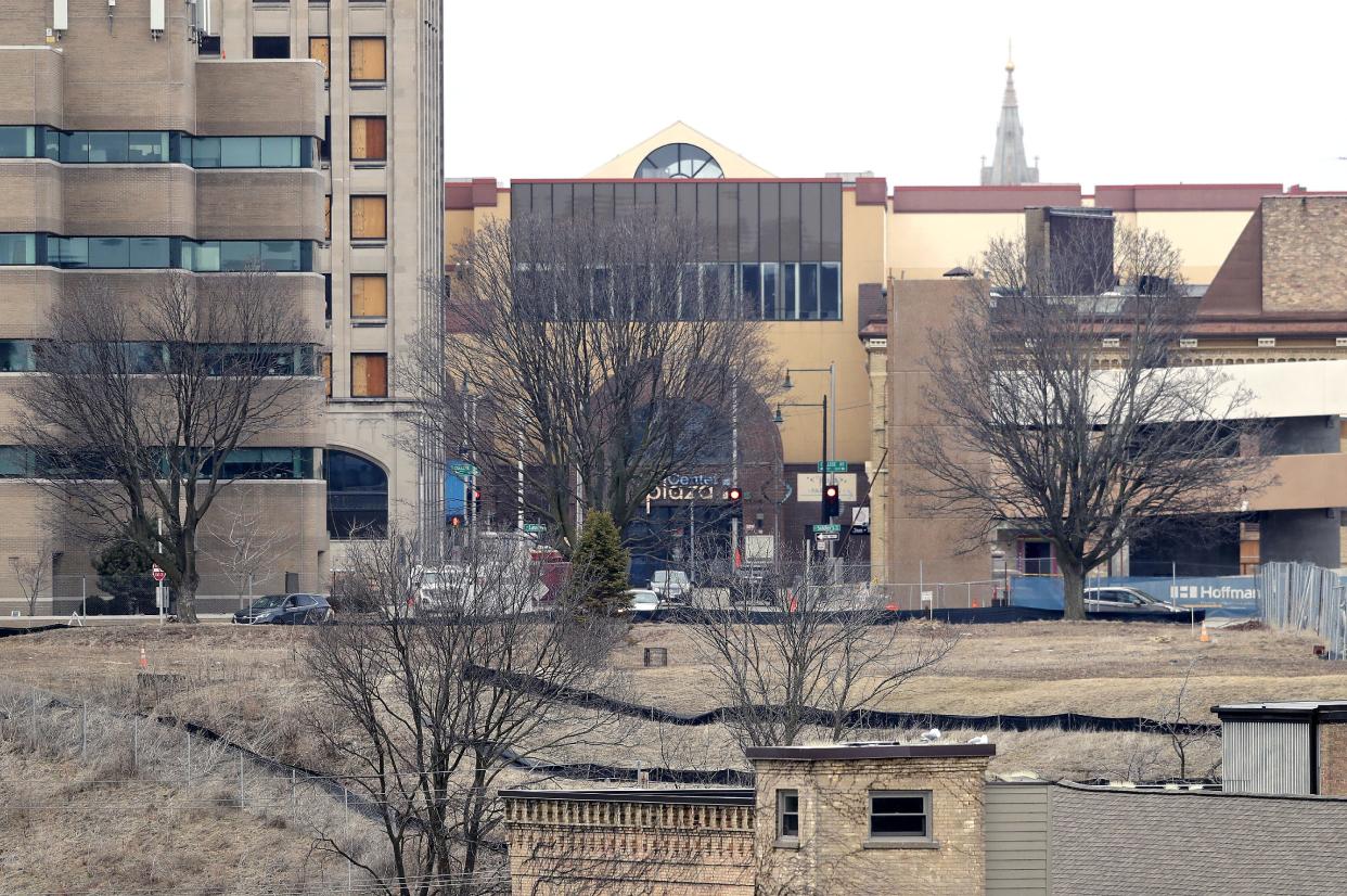 The downtown Appleton bluff located south of Lawrence Street has been cleared for redevelopment. It is the former site of Trinity Lutheran Church.