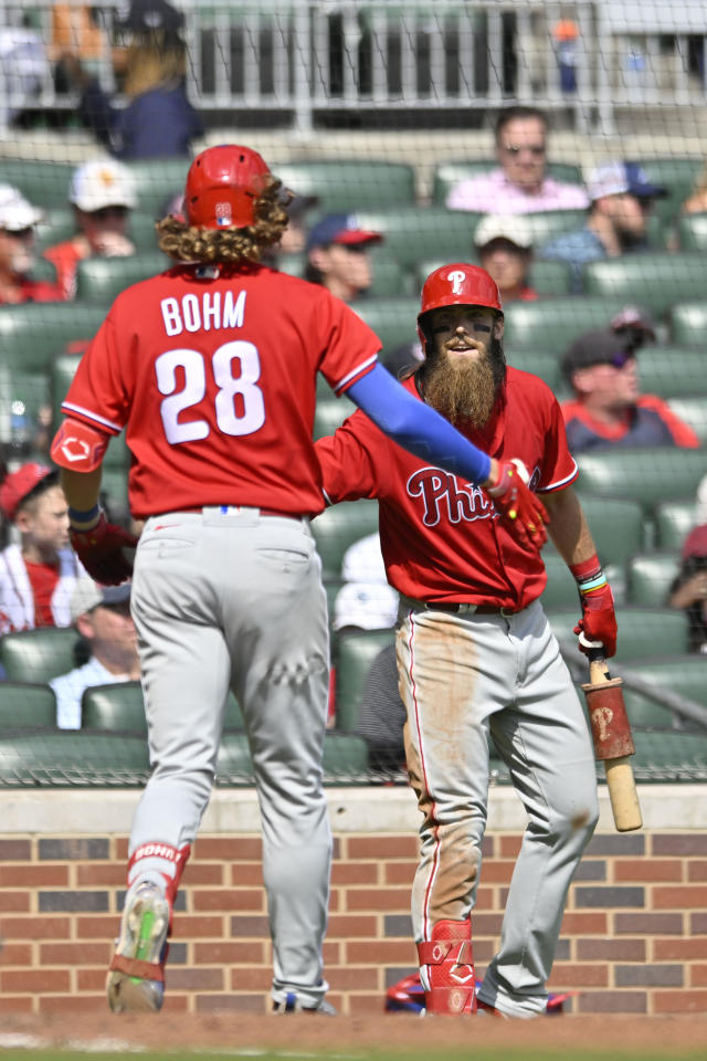 Alec Bohm of the Philadelphia Phillies bats during the Atlanta Braves