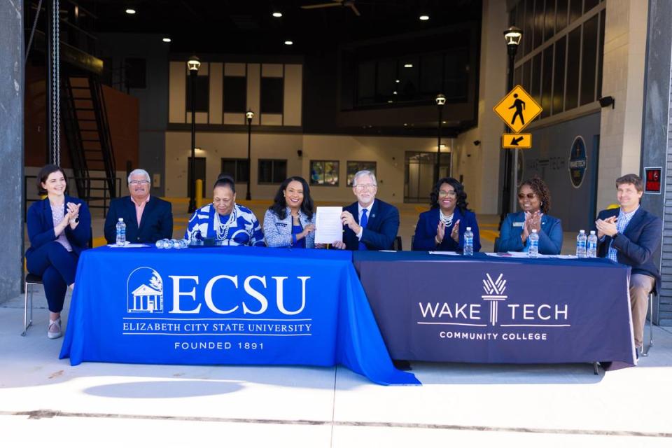 Leaders at Elizabeth City State University and Wake Tech Community College signed an agreement to work together on aviation and public safety instruction.