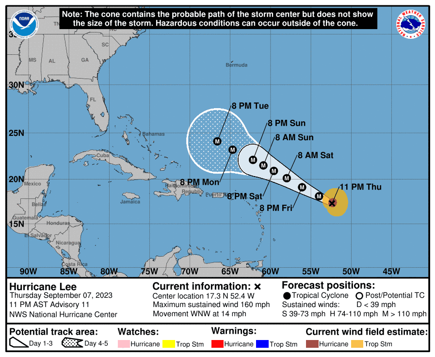 Hurricane Lee rapidly intensified to Category 5 status Thursday, its peak sustained winds doubling in 24 hours, the National Hurricane Center said. This official forecast cone graphic shows the probable path of the center of the storm.