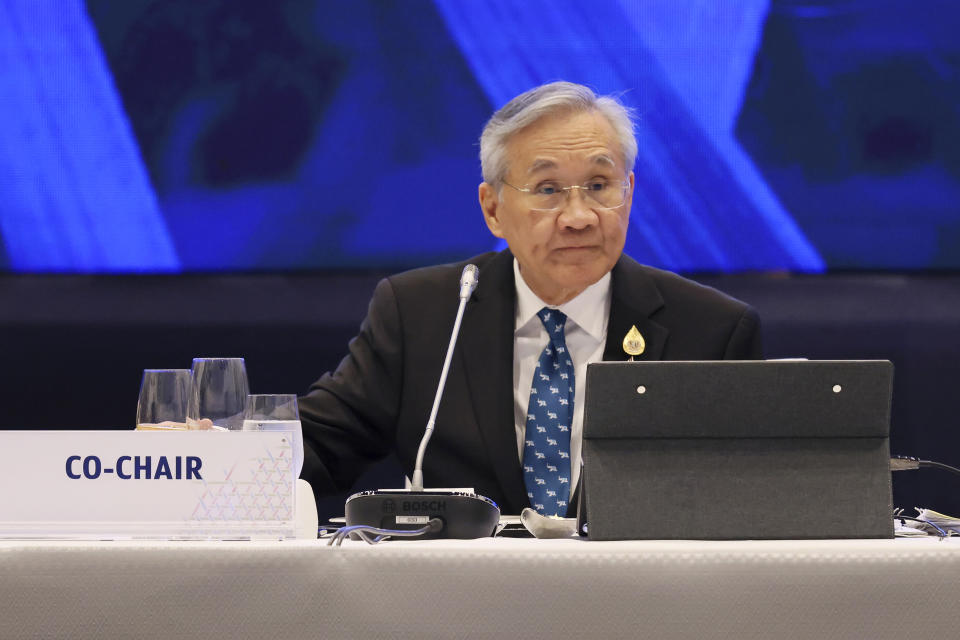 Thailand's Foreign Minister Don Pramudwinai takes part in a working lunch at the 33rd APEC Ministerial Meeting (AMM) during the Asia-Pacific Economic Cooperation (APEC) summit, Thursday, Nov. 17, 2022, in Bangkok, Thailand. (Jack Taylor/Pool Photo via AP)