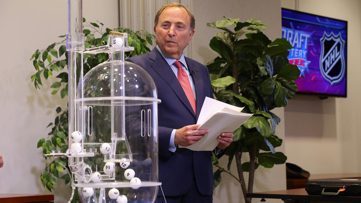 NHL commissioner Gary Bettman presides over the 2022 NHL draft lottery. (Photo by Mike Stobe/NHLI via Getty Images)