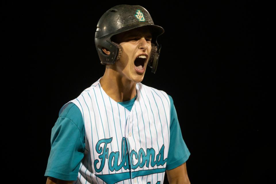 Jensen Beach's Patrick Ward (11) reacts after a triple in the first inning of the FHSAA baseball Class 4A state championship between Island Coast High School (Cape Coral) and Jensen Beach High School, Tuesday, May 24, 2022, at Hammond Stadium in Fort Myers, Fla.Island Coast defeated Jensen Beach 8-7 in eight innings.