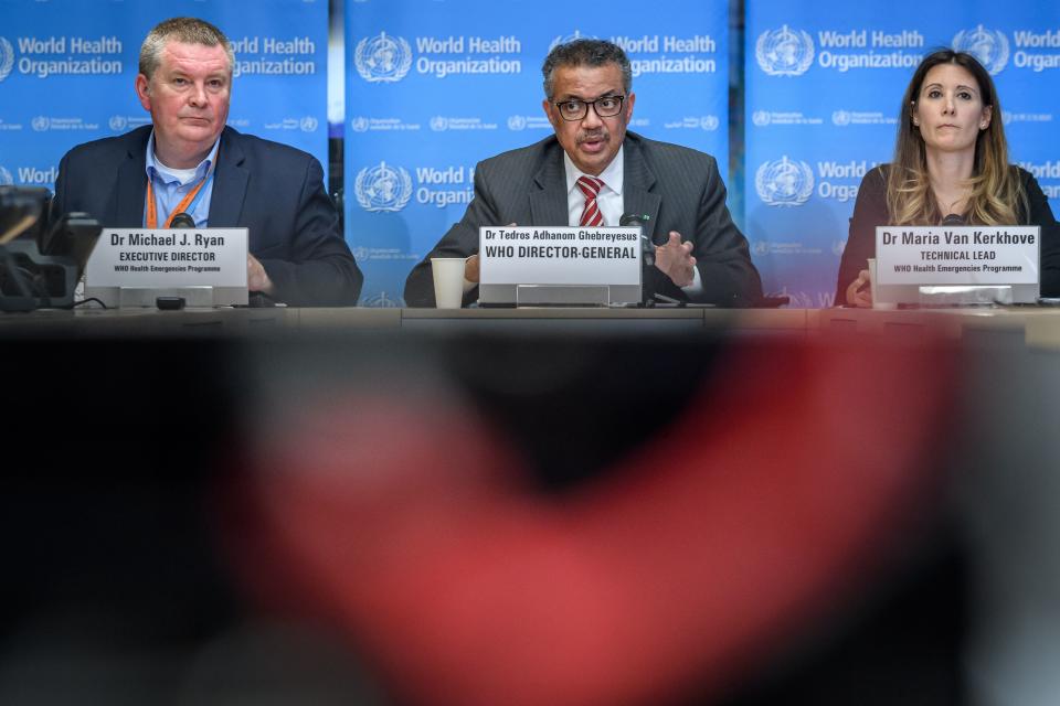 EDITORS NOTE: Graphic content / (From L) World Health Organization (WHO) Health Emergencies Programme Director Michael Ryan, WHO Director-General Tedros Adhanom Ghebreyesus and WHO Technical Lead Maria Van Kerkhove attend a daily press briefing on COVID-19 virus at the WHO headquaters in Geneva on March 11, 2020. - WHO Director-General Tedros Adhanom Ghebreyesus announced on March 11, 2020 that the new coronavirus outbreak can now be characterised as a pandemic. (Photo by Fabrice COFFRINI / AFP) (Photo by FABRICE COFFRINI/AFP via Getty Images)