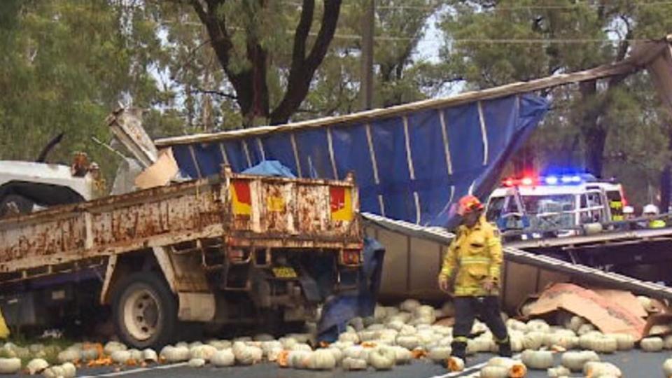 Two truck drivers were cut out of their vehicles this morning after colliding at Berkshire Park just before 5.30am - with one of the trucks spilling its load of pumpkins onto the road.