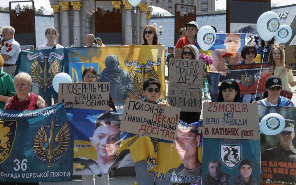 Relatives and friends of Ukrainian marines held prisoners by Russia hold a rally at Independence Square in Kyiv, Ukraine, 23 May 2024