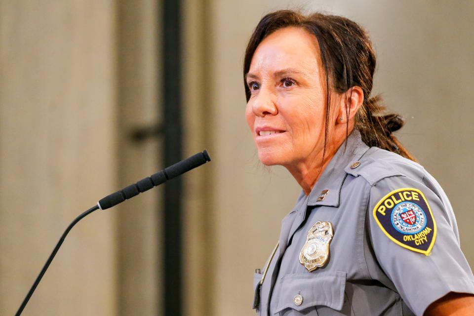 Oklahoma City police Capt. Audrea George speaks this month during an Oklahoma City Council meeting at City Hall.