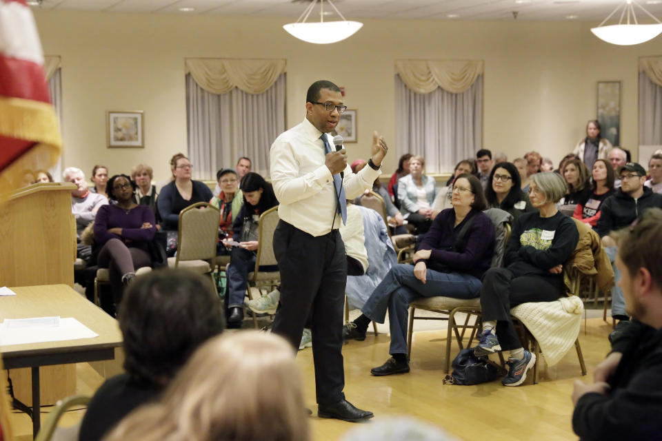 In this March 23, 2017 photo, Jim Johnson talks about his life and goals for New Jersey during a meeting in Collingswood, N.J. Johnson, a Democratic gubernatorial candidate wants state election officials to punish the race’s wealthy Democratic front-runner over political groups he set up before officially entering the race. Johnson, a former treasury official in President Bill Clinton’s administration, requested Thursday, March 30 that the Election Law Enforcement Commission investigate Phil Murphy, a former U.S. ambassador to Germany in President Barack Obama’s administration. (Elizabeth Robertson/The Philadelphia Inquirer via AP)