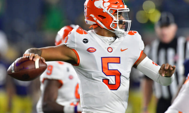 Clemson quarterback D.J. Uiagalelei throws a pass during a game against Notre Dame.