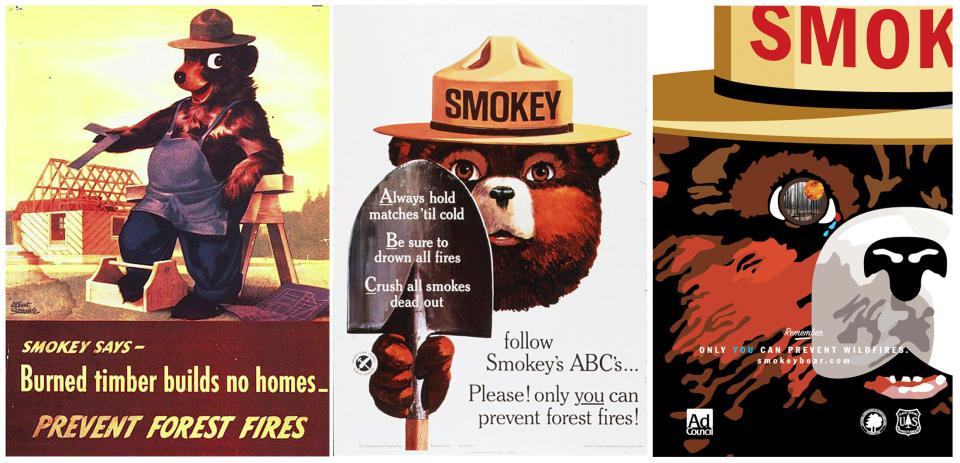 Smokey Bear is pictured in a series of U.S. Forest Service posters (from left: 1945, 1966 and 2007). (Photo: Handout/Reuters)