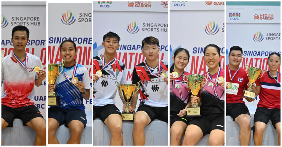 Winners at the National Open Championships: (from left) men's singles' Vega Vio Nirwanda, women's singles' Nur Insyirah Khan, men's doubles' Johann Prajogo and Nge Joo Jie, women's doubles' Megan Lee and Grace Chua, and mixed doubles' Bimo Adi Prakoso and Liang Yun. (PHOTOS: SBA)