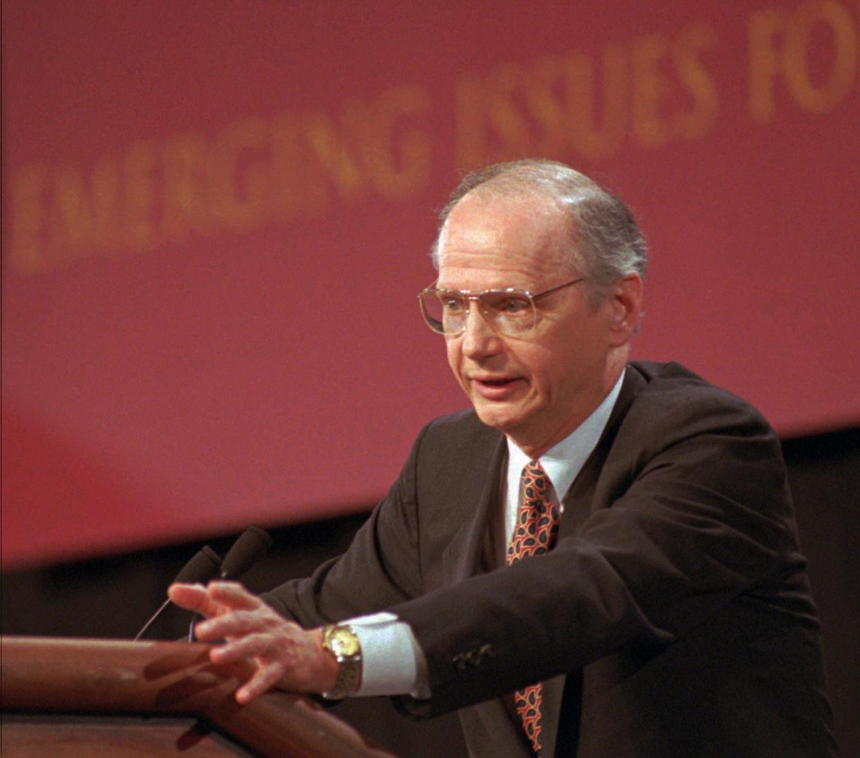 U.S. Education Secretary Richard Riley speaks to the Emerging Issues Forum Tuesday, April 16, 1996, on the state of education in the United States.  