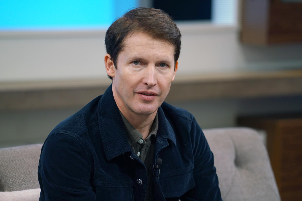 NEW YORK, NEW YORK - NOVEMBER 12: (EXCLUSIVE COVERAGE)  People Now hosts Andrea Boehlke and Jeremy Parsons interview James Blunt (L) at People Now Studios on November 12, 2019 in New York, United States. (Photo by Manny Carabel/Getty Images)
