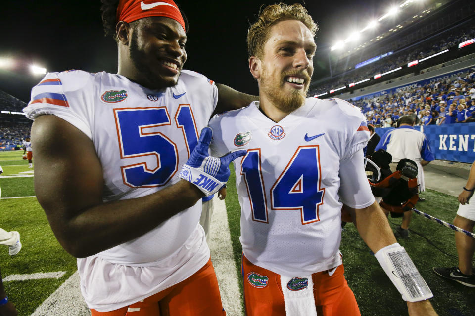 Luke Del Rio (R) threw for 1,358 yards, eight touchdowns and eight interceptions in 2016. (AP)