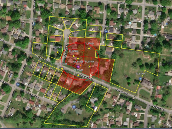 The potential evacuation zone for the neighborhood around 6213 Applegate Lane, the home found full of hazardous chemicals.