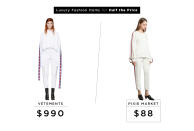 <p>Vetements x Champion Hoodie and Track pants, $990 – sold out <br>Pixie Market Ivory Side Striped Sweatshirt, $88, <a rel="nofollow noopener" href="http://www.pixiemarket.com/ivory-side-striped-sweatshirt.html" target="_blank" data-ylk="slk:pixiemarket.com;elm:context_link;itc:0;sec:content-canvas" class="link ">pixiemarket.com</a> </p>