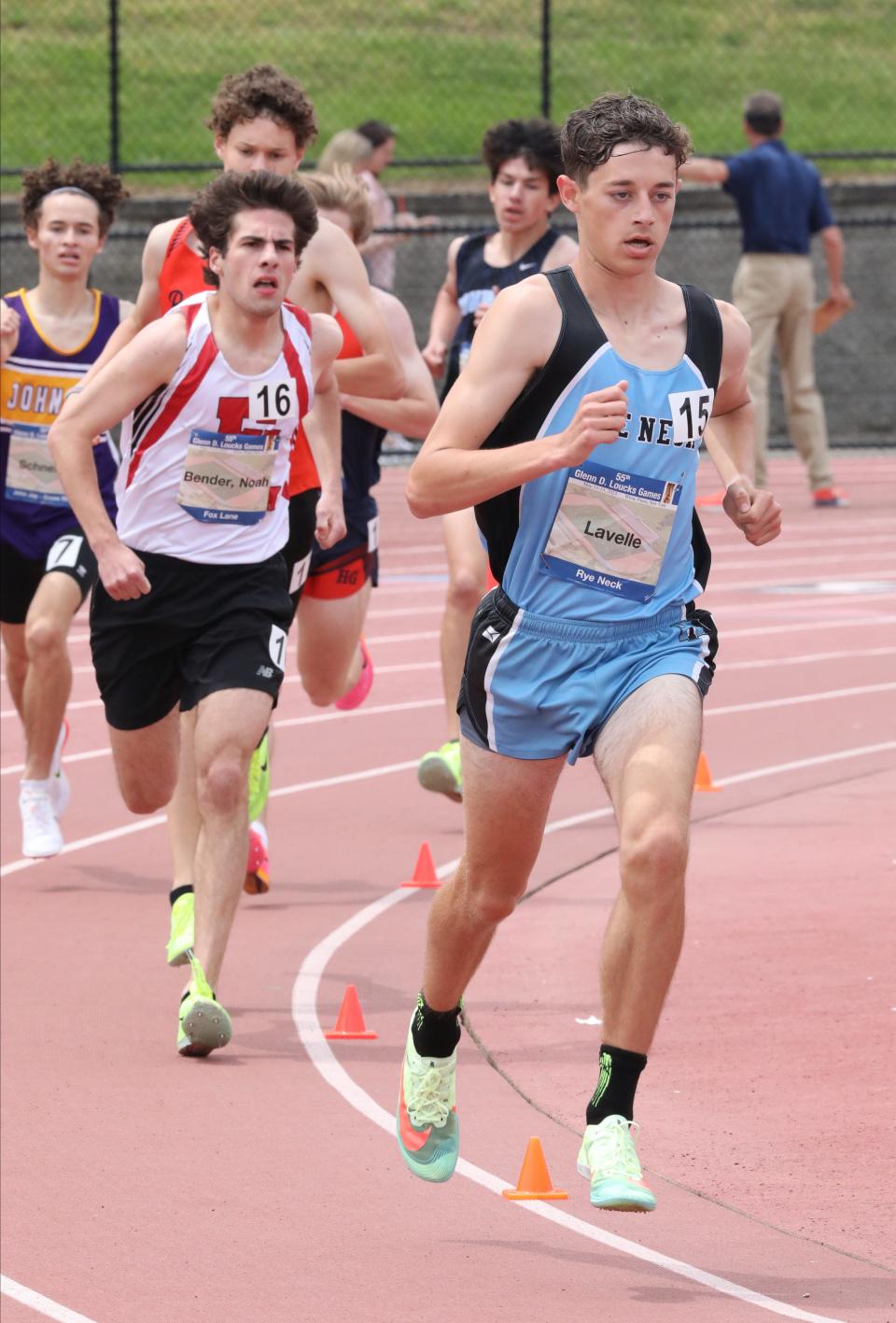Joseph Lavelle from Rye Neck competes in the men's Section One mile during the 55th annual Glenn D. Loucks Track & Field Games at White Plains High School, May 13, 2023. 