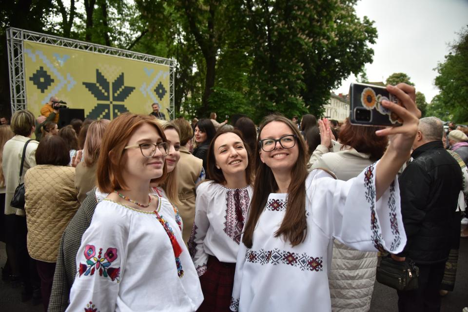 Women take a selfie during the celebration of World Vyshyvanka Day in Lviv, Ukraine (Anadolu Agency via Getty Images)