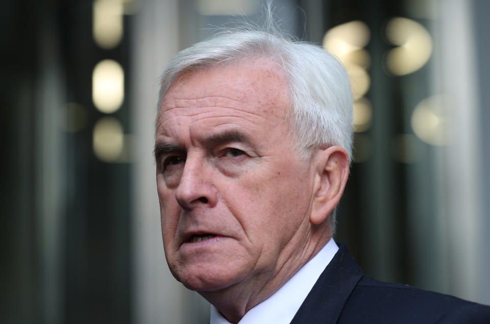 Shadow chancellor John McDonnell leaves BBC Broadcasting House in London after appearing on the Andrew Marr show.