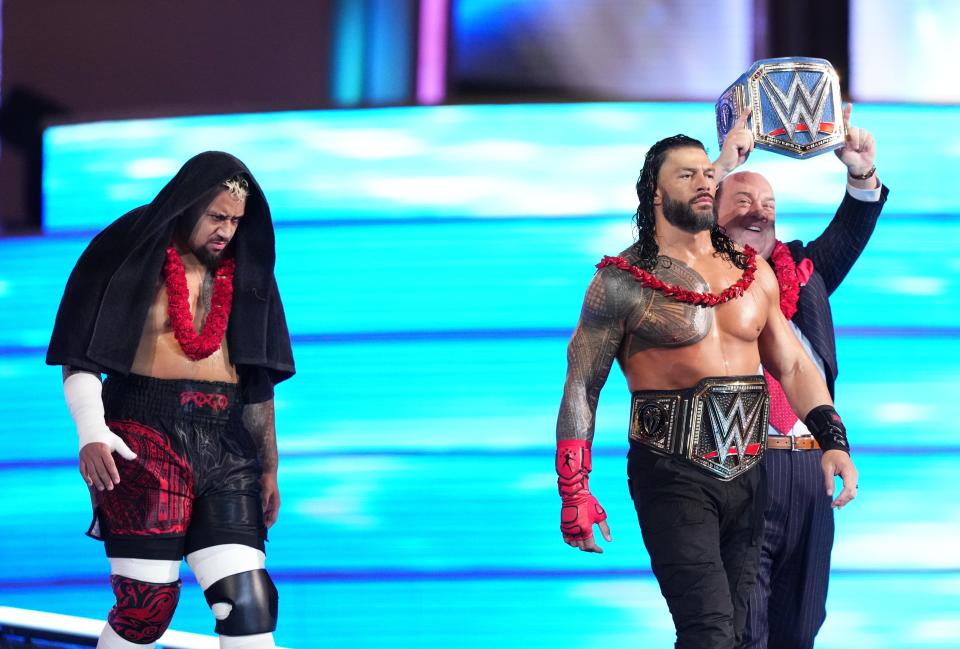 Solo Sikoa and Roman Reigns and Paul Heyman during Wrestlemania Night 2 at SoFi Stadium.