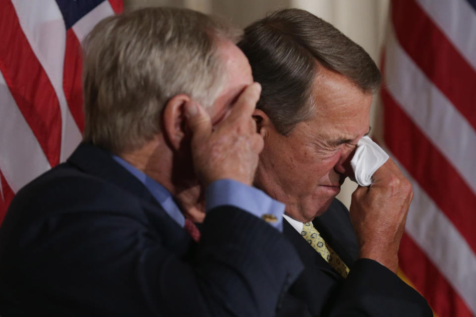 Golf legend Jack Nicklaus, left, and Speaker of the House John Boehner (R-Ohio) wipe away tears after listening to the remarks of Nicklaus' son Jack Nicklaus II during the elder Nicklaus' Congressional Gold Medal ceremony in the U.S. Capitol Rotunda on March 24, 2015. Nicklaus was lauded by family, friends and politicians for his many sports achievements and his philanthropy.