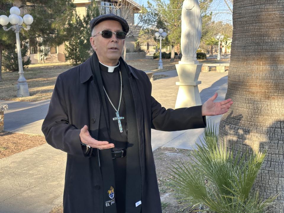 The Most Rev. Mark Seitz, the Catholic bishop of El Paso, Texas, speaks during an interview on the grounds of the Catholic Diocese of El Paso, on Monday, Dec. 19, 2022. “Why do we tend to look at [migrants] and say, ‘I think they’re probably criminals,’ instead of to look at them and say, ‘I think they’re probably people in need’?” Seitz said, adding that he also sees a need for “a more orderly process for people to be able to cross.” (AP Photo/Lekan Oyekanmi)