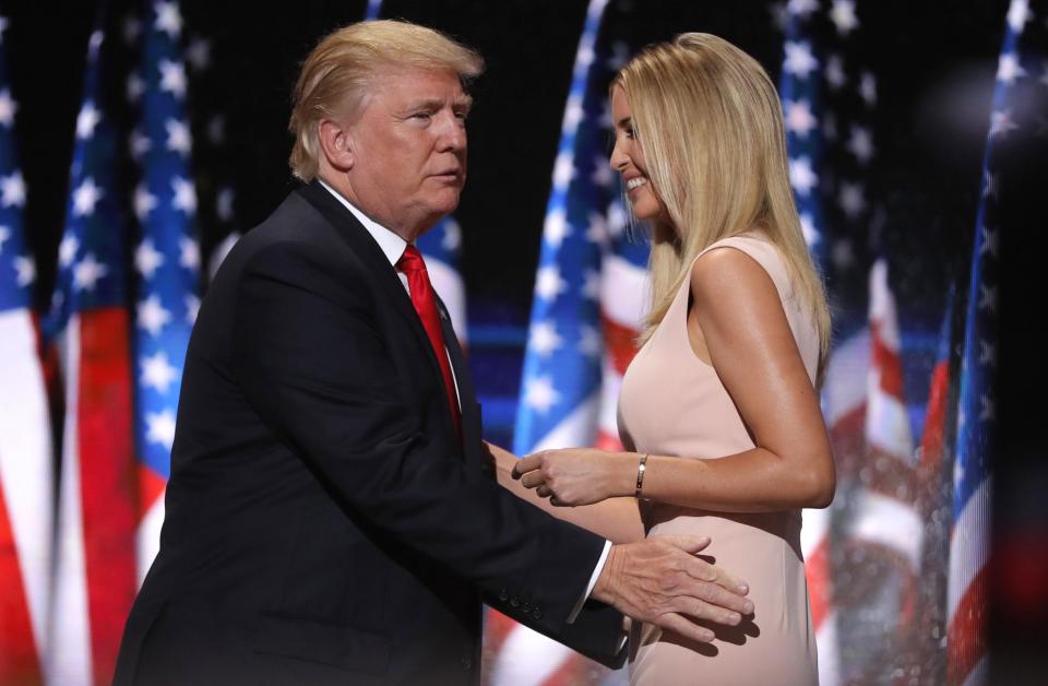 Donald Trump greets his daughter Ivanka before his speech. (Photo: Brian Snyder/Reuters)