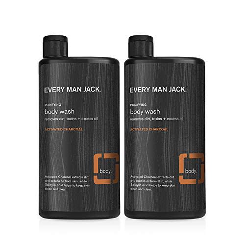 Two bottles of Every Man Jack Activated Charcoal Body Wash; best salicylic acid body wash
