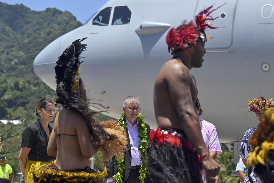 Australia's Prime Minister Anthony Albanese arrives for the Pacific Islands Forum in Rarotonga, Cook Islands, Tuesday, Nov. 7, 2023. Albanese was among the leaders who traveled to the Cook Islands this week for the annual Pacific Islands Forum. The forum culminates in a leaders' retreat Friday on Aitutaki, which is renowned for its picturesque lagoon. (Mick Tsikas/AAP Image via AP)