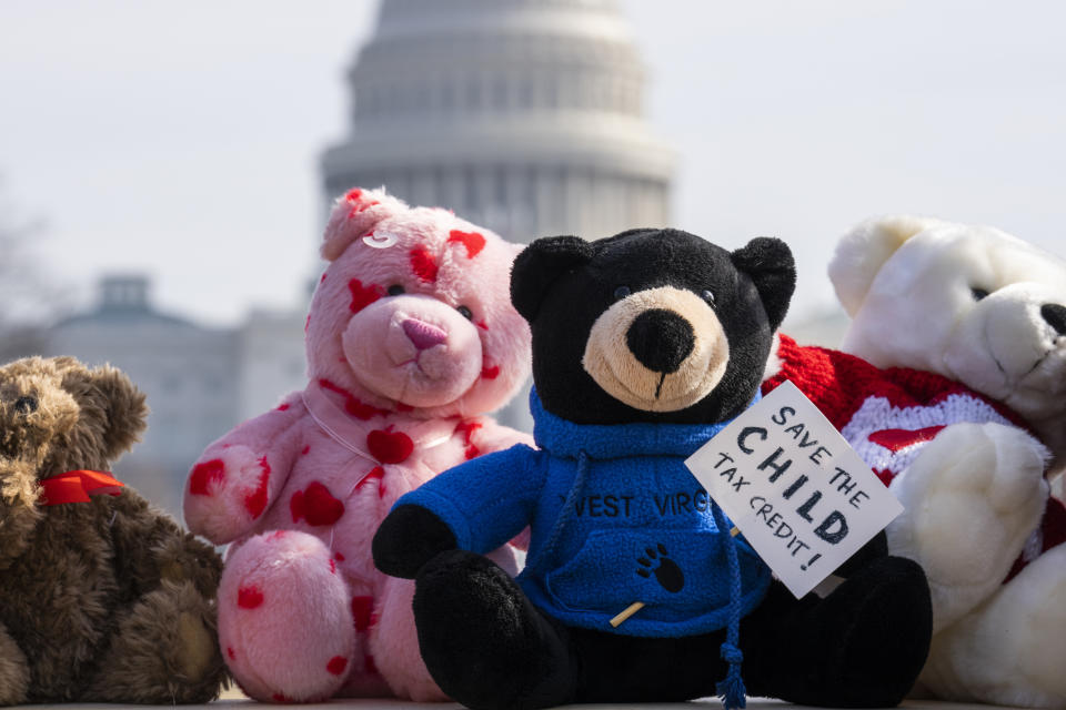 Teddy bears, meant to represent West Virginia children, appear on the National Mall during an event with the Unbearable Campaign to urge Congress to expand the Child Tax Credit. (Credit: Tom Williams, CQ-Roll Call, Inc via Getty Images)