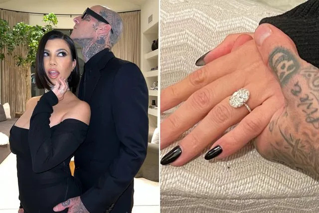 <p>Kourtney Karashian Instagram ; Atiana De La Hoya Instagram</p> Kourtney Kardashian and Travis Barker. ; Kourtney's Engagement Ring.