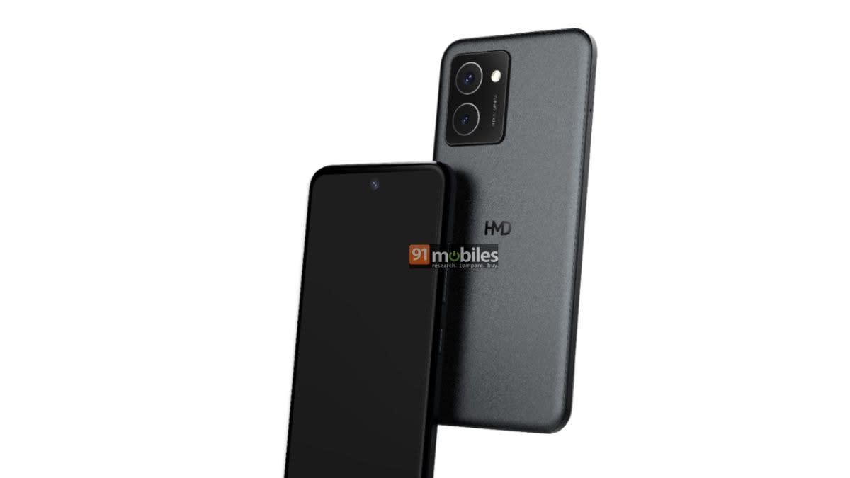  HMD-branded smartphone in black showing the screen and back. 