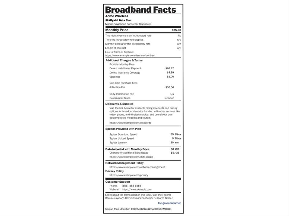 An example of an internet service provider's fact sheet tat resembles a nutrition label.